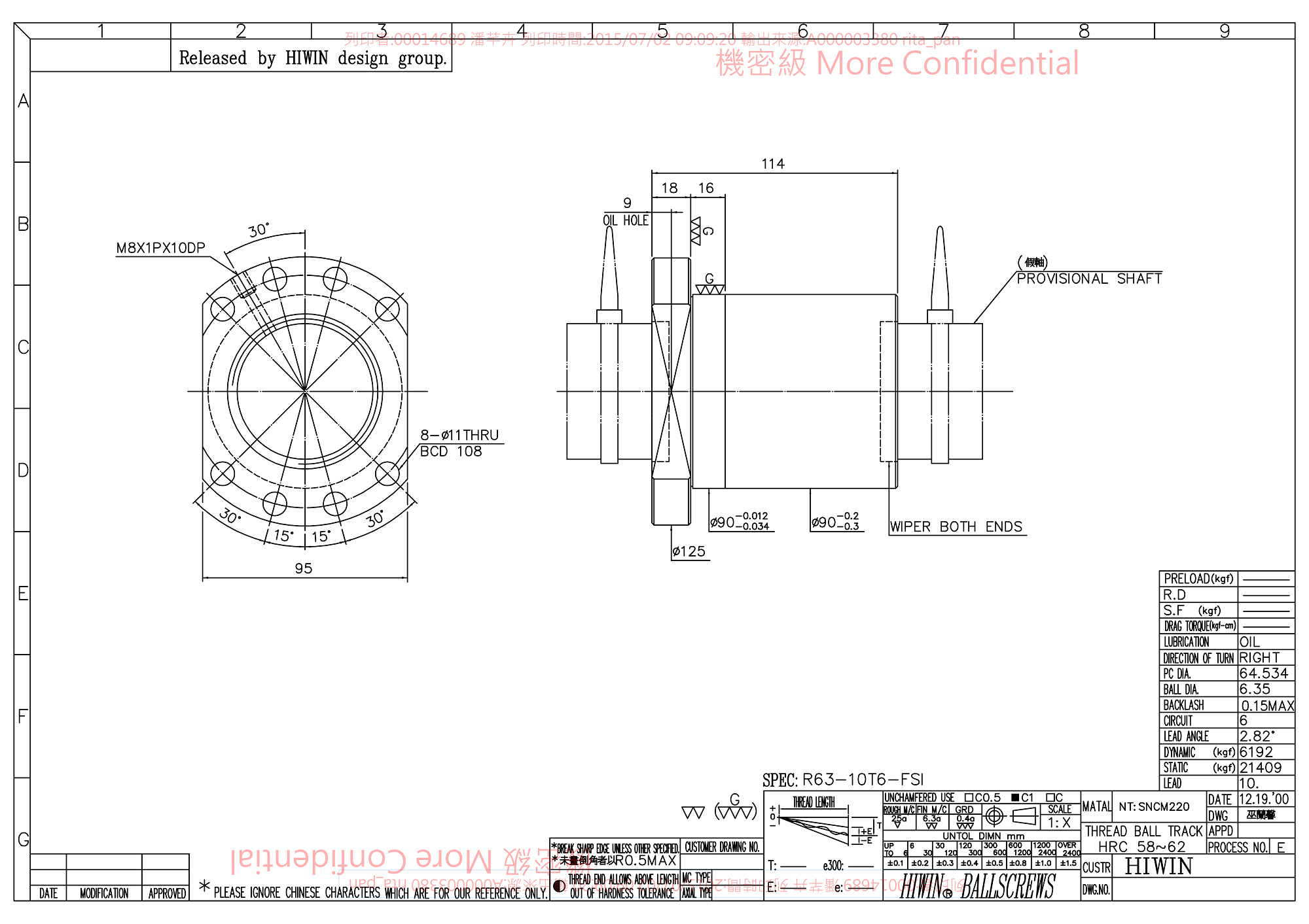 Shaft Diameter 63mm Lead 10mm C7 Rolled HIWIN 6310R Ball Screw R63-10T6-FSI